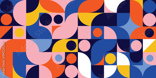 Geometric abstract pattern with colorful overlapping shapes and circles in pink blue yellow orange and dark navy colors