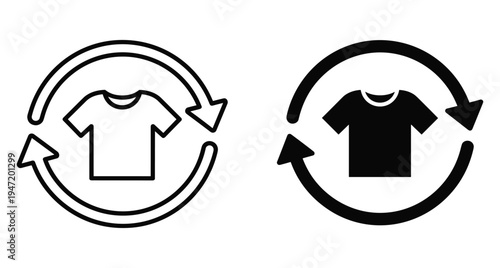 Sustainable clothing recycling icon set featuring t shirt with circular arrows representing eco friendly fashion and textile waste reduction management