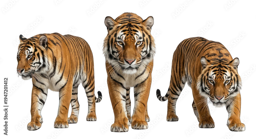 Obraz premium Three Majestic Tigers Walking Towards Camera on White Background