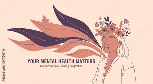 Vector illustration of woman with flower crown and mental health quote