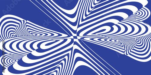 Optical illusion pattern with swirling white stripes on a deep blue background creating hypnotic visual distortion effect