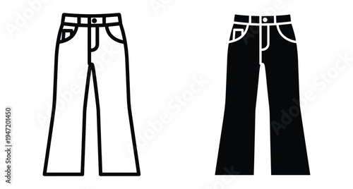 Denim jeans pants icon set with outline and solid silhouette styles for fashion apparel clothing design retail web interface