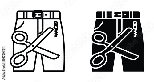 Scissors cutting shorts icon set representing clothing alteration tailoring services garment repair fashion design textile modification sewing workshop symbols