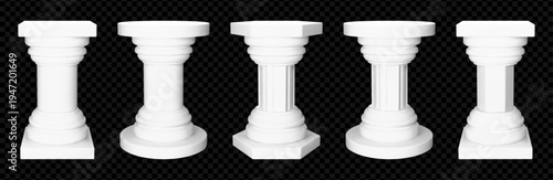 White plinth pillar with hexagon and cylinder podium. 3d column with platform for box to display in museum. Geometric trophy base with cylindrical foundation for winner. Award vector template