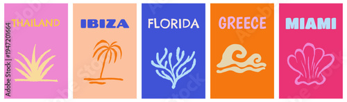 Vector set of cover design templates for travel vacation summer books, summer and sirf banners with hand drawn sketchy doodle illustrations in simple style