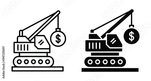 Construction crane wrecking ball with dollar sign symbol representing financial demolition economic impact debt reduction market crash and building costs