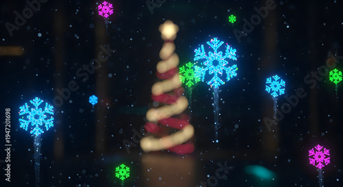 Abstract christmas tree and snowflake lights with a dark background