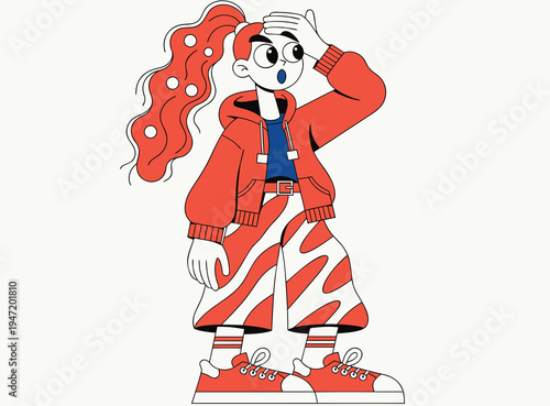 Surprised Cartoon Girl with Red Hair and Glasses in Casual Outfit