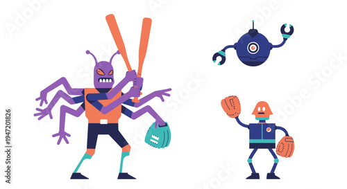 Aggressive Alien Batter with Multiple Arms and Bats Confronting Robot Player in Cosmic Baseball Game