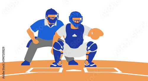 Baseball Catcher and Home Plate Umpire Ready for Action in a Flat Graphic Design