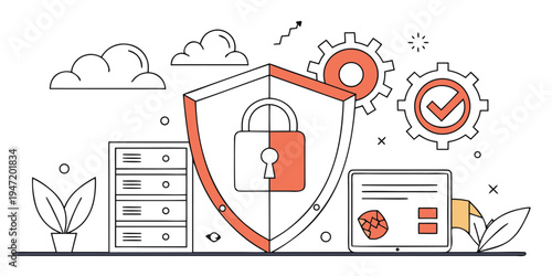 Network server and data center security system illustration showing shielded infrastructure storage protection maintenance services with padlock and cloud elements