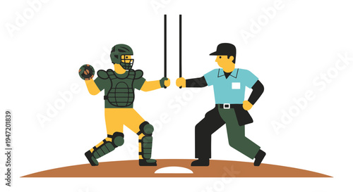 Baseball Catcher with Protective Equipment and Umpire on Dirt Field Discussing Game Rules