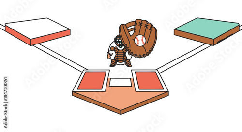 Baseball Catcher in Protective Gear Positioned Behind Home Plate on a Stylized Field Layout