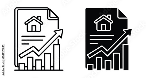 Real estate market growth icon set showing house document with rising arrow and bar chart for property value analysis and investment