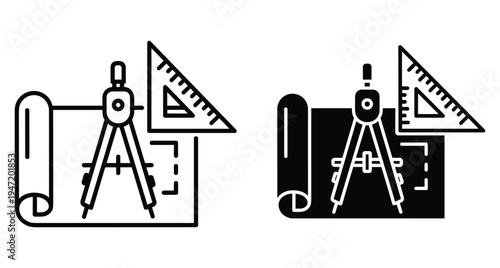 Architectural blueprint icons with compass and triangle ruler for engineering design construction planning technical drawing project development and building schemes