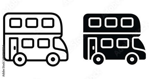 Double decker bus icon set featuring outline and solid silhouette styles for public transportation travel and urban city transit design