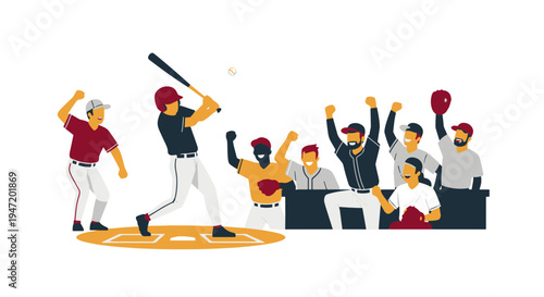 Baseball Game Action with Batter Hitting Pitcher and Excited Fans Cheering in Stadium