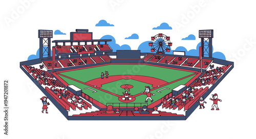 Baseball Game Action with Players and Spectators in a Large Stadium Featuring a Fun Ferris Wheel