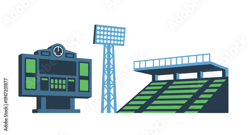 Baseball Game Stadium Elements Featuring a Score Board a Light Tower and Spectator Bleachers