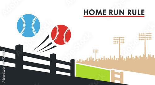 Baseball Home Run Rule Concept with Two Balls Flying over Stadium Outfield Fence and Crowd Lights