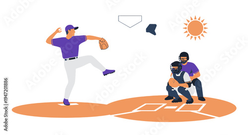 Baseball Pitcher in Action on the Mound with a Catcher and Umpire Ready at Home Plate