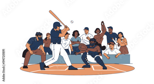 Baseball Game with Batter Catcher and Diverse Spectators Cheering at the Sporting Event