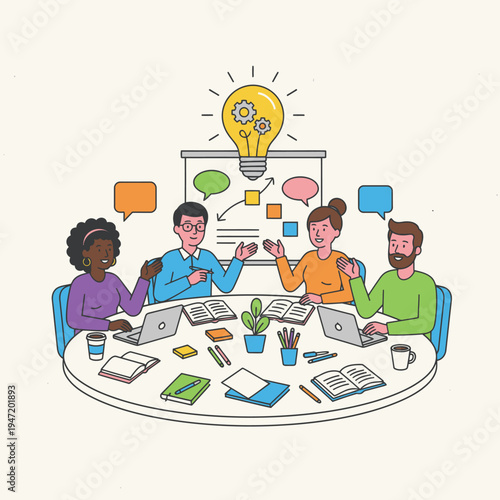 Diverse team collaborating on a business idea around a table.