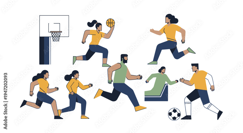 Fototapeta premium Diverse Group of Active People Running Playing Basketball and Soccer Promoting Health and Wellness