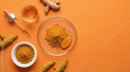 Turmeric root extract flat lay with yellow powder and oil in laboratory petri dish on orange background