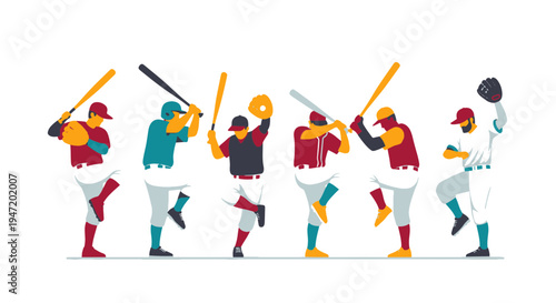 Diverse Baseball Players Batting and Pitching Ready for Action in a Stylized Modern Sport Design