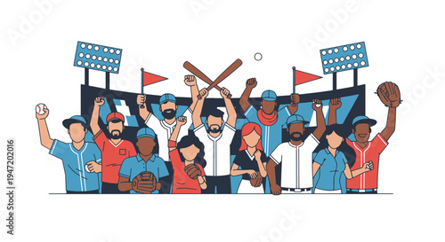 Diverse Baseball Fans Cheering in a Stadium Holding Bats Balls and Gloves for Game Day