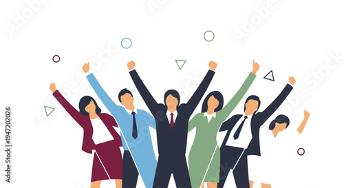 Diverse Business Team Celebrating Success with Arms Raised in Victory and Abstract Shapes