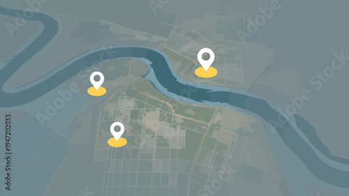 Map with three location markers on a river and city streets  locations indicated