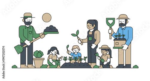 Diverse Family Group of Adult and Child Gardeners Planting Saplings Outdoors Nurturing Nature and Growth