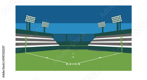 Empty Baseball Stadium with Bright Floodlights Illuminating Green Field and Stands at Night