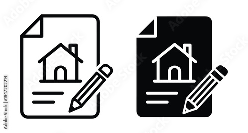 Real estate contract icon set with house symbol on paper and pencil for signing mortgage agreement or property sales document