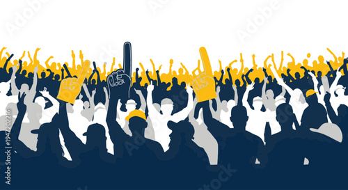 Energetic Crowd of Sports Fans Cheering with Raised Hands and Foam Fingers at a Stadium Event