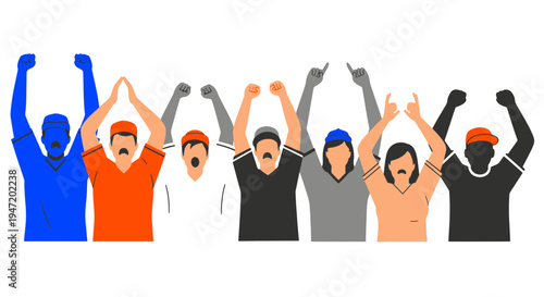 Enthusiastic Sports Fans Cheering Loudly with Raised Arms and Fists During an Exciting Baseball Game