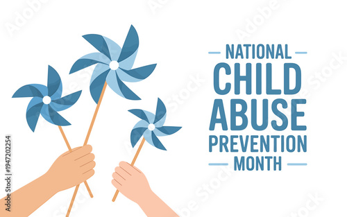 National Child Abuse Prevention Month awareness campaign with blue pinwheels and hands