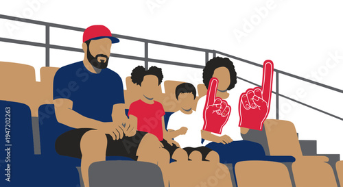 Family of Spectators Cheering at a Sports Event in Stadium Seats with Foam Fingers