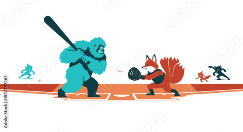 Fantasy Animals Playing a Baseball Game Blue Bigfoot Batting Against Red Fox Pitcher at Home Plate