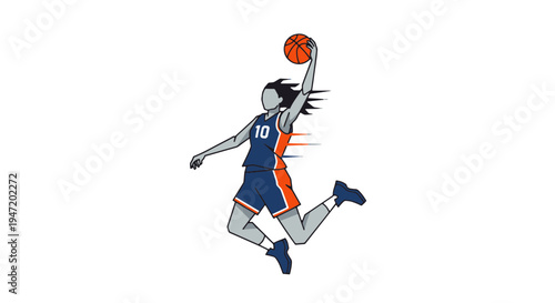 Female Basketball Player in Action Leaping High with the Ball Wearing a Blue and Orange Jersey with Number Ten