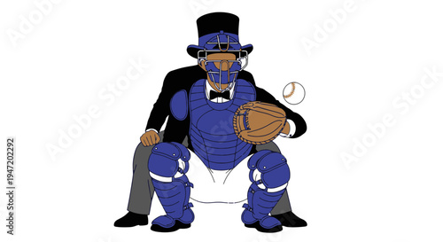 Formal Gentleman Baseball Catcher in Full Gear with Top Hat and Tuxedo Ready to Catch