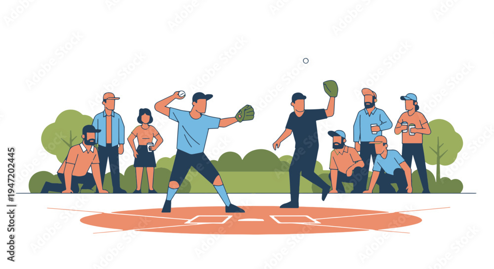 Fototapeta premium People Playing Baseball at an Outdoor Park with a Pitcher Throwing to a Catcher and Spectators Watching