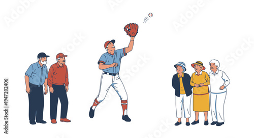 Older Adult Male Baseball Player Catching a Flying Ball During an Active Retirement Game