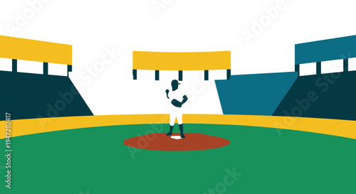 Professional Baseball Pitcher Stands on the Dirt Mound Within a Vibrant Stadium Setting with Empty Grandstands