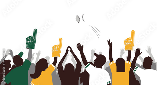 Sports Fans Excitedly Reaching Up to Catch a Flying Baseball at a Stadium Game with Foam Fingers