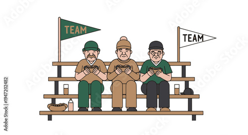 Three Smiling Elderly Men on Bleachers Eating Hot Dogs at a Sporting Event with Team Flags