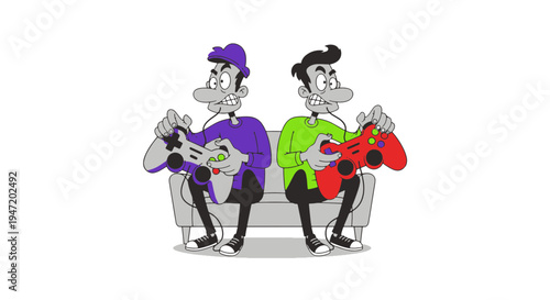 Two Competitive Gamers Intensely Playing Video Games on a Couch Holding Game Controllers