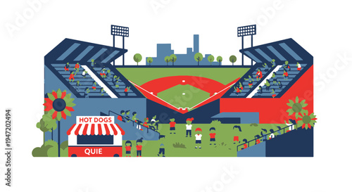 Vibrant Baseball Stadium Scene with Fans Enjoying a Game and Hot Dogs Near City Skyline